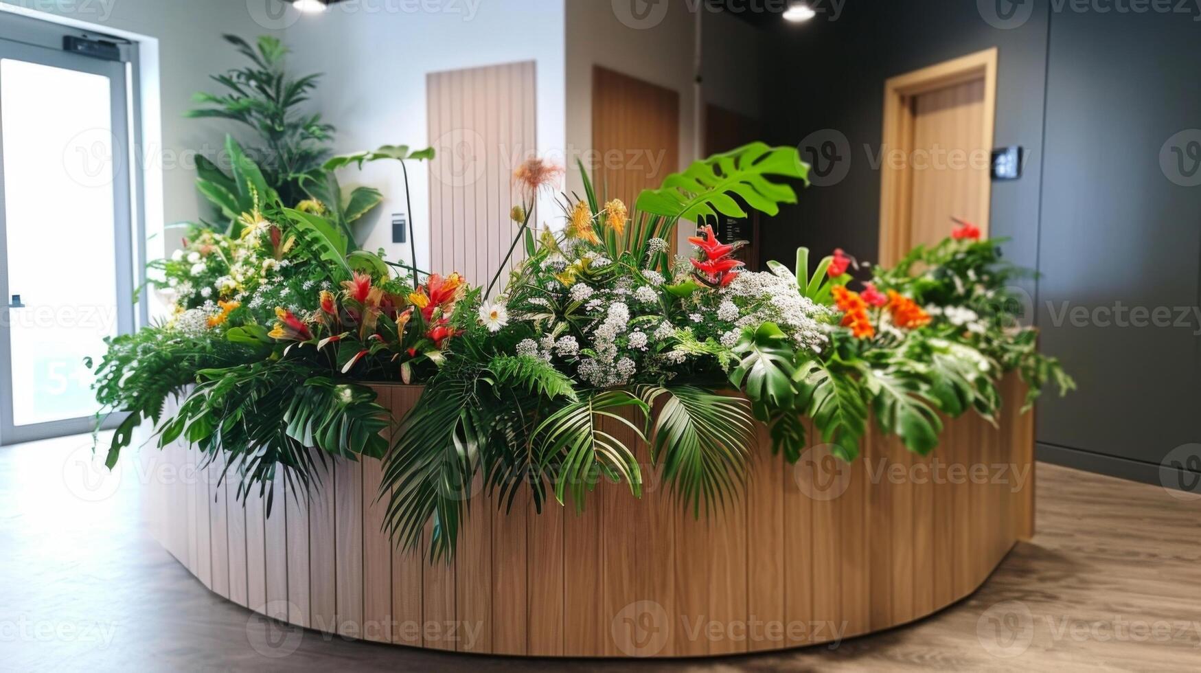 A reception area featuring a large wooden desk with a centerpiece of fresh flowers and leafy green plants giving a welcoming feel to visitors photo