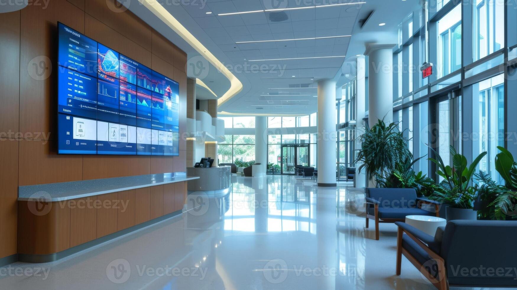 A display screen in the lobby showing realtime energy usage data and highlighting how smart energy management systems are keeping the office operating at maximum efficiency photo