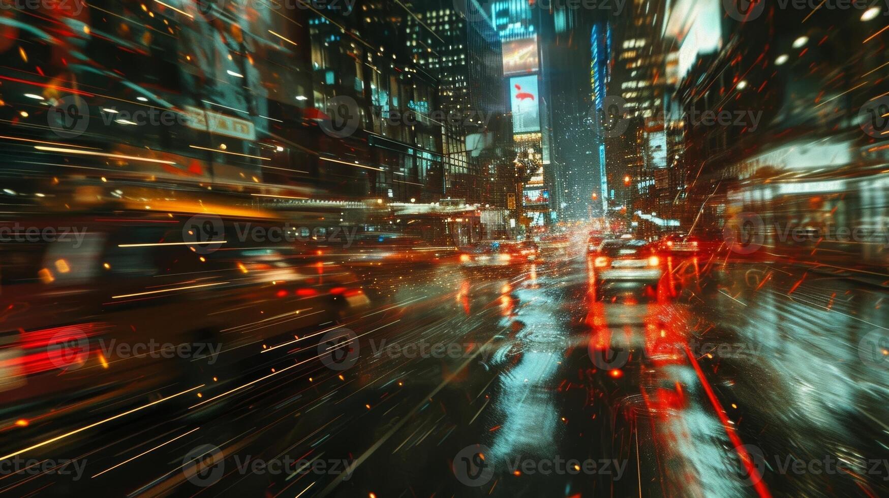 The glimmering reflections of city lights on the surface of a storefront window amidst the fastpaced movement of downtown traffic photo