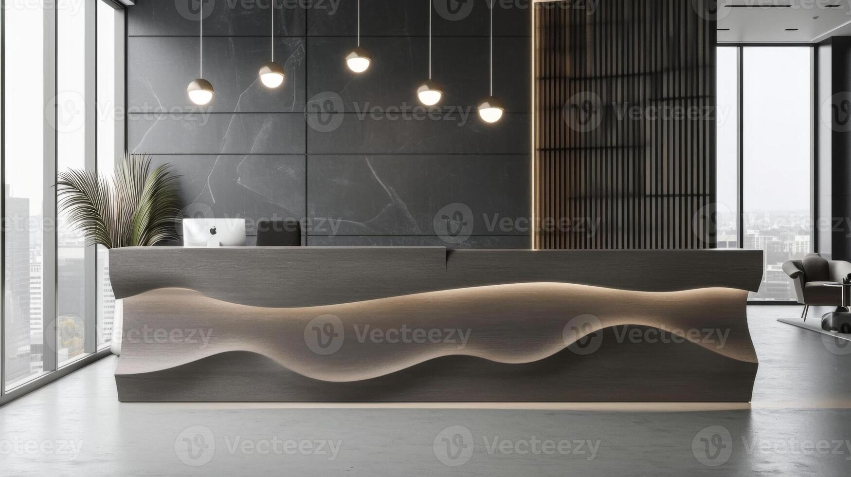A sleek and modern reception desk featuring a textured surface with a subtle abstract design making a statement as soon as you enter the office photo