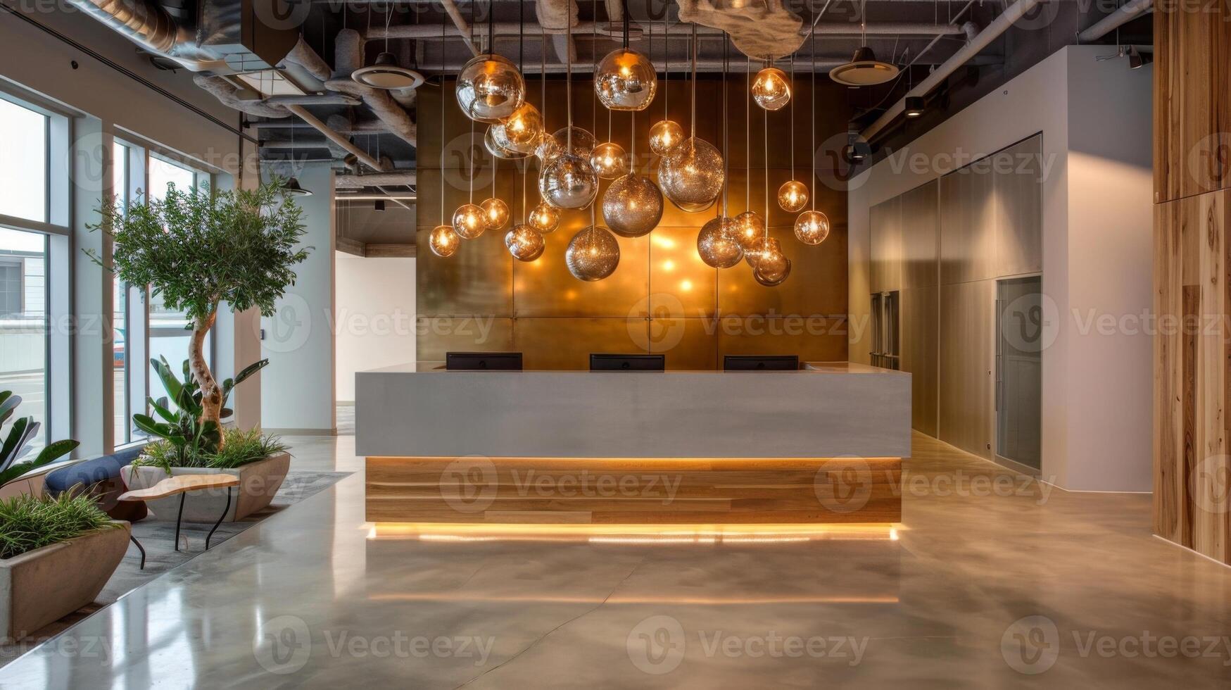 In the reception area a series of br globe lights hang at varying heights making a statement while also providing warm and welcoming lighting photo