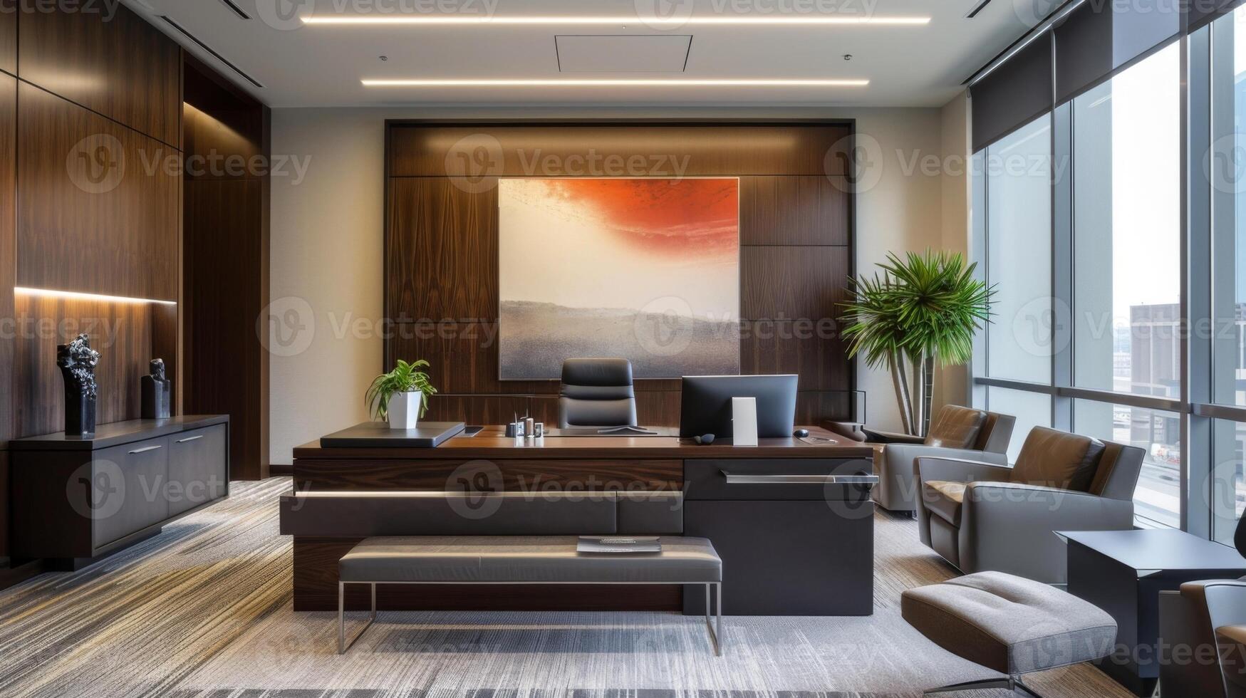 Clean lines and highend furnishings give this office an elegant and professional feel perfect for a modern corporate setting photo