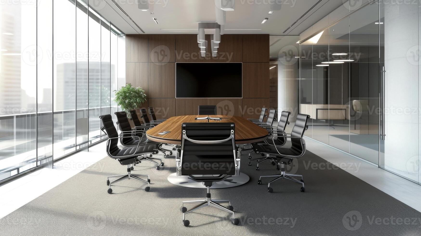 A sleek minimalist design extends to the conference room furniture creating a professional and modern space photo