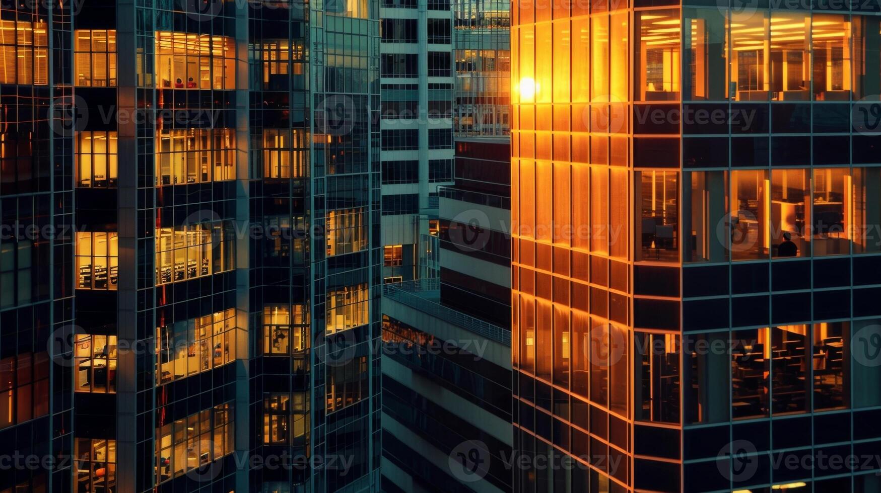 A symphony of light and shadow unfolds during the golden hour casting a beautiful glow on a network of interlocked office buildings photo