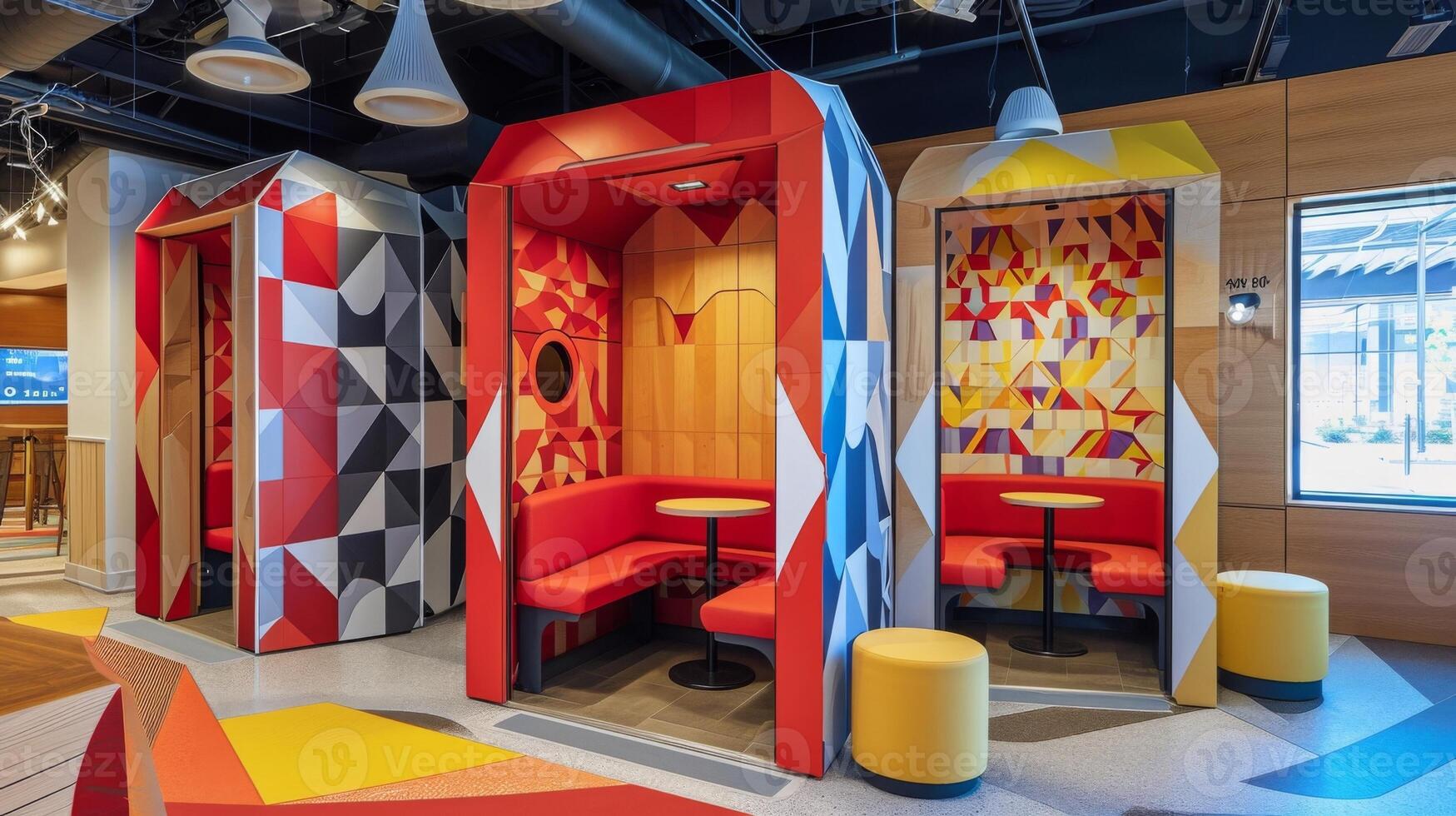 A colorful phone booth with geometric patterns and a mix of red blue and yellow colors serves as a private space for impromptu meetings and calls photo