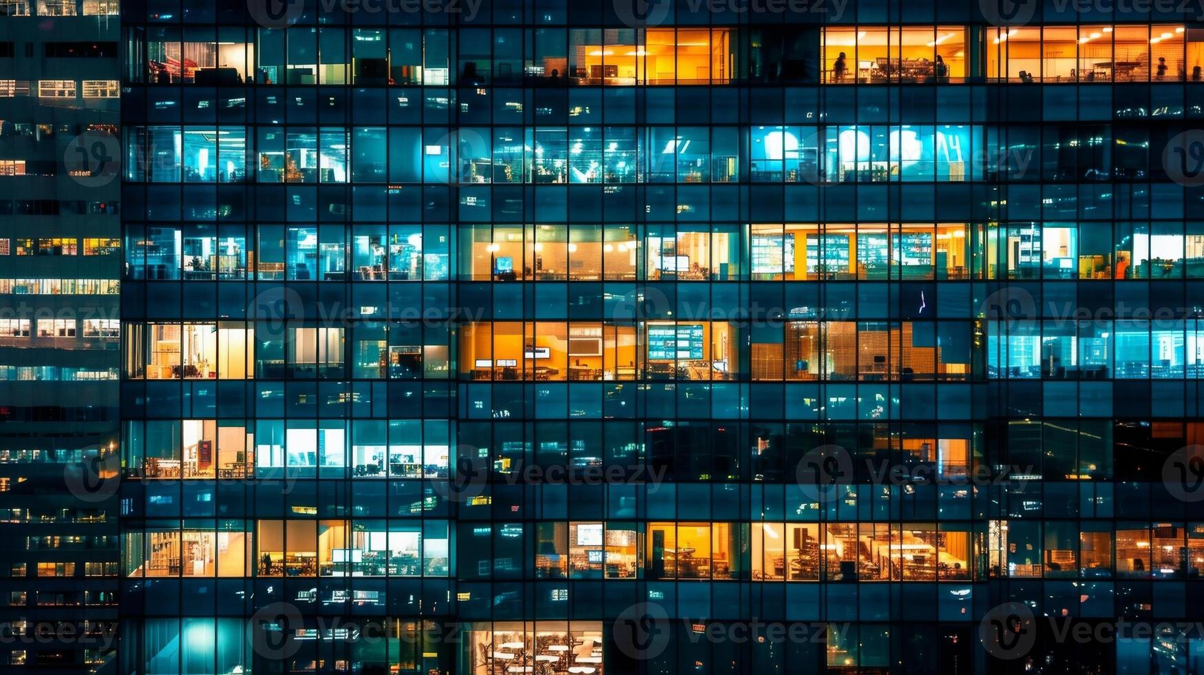 Against the dark night sky the office buildings illuminated windows create a mesmerizing pattern showing the bustling activity happening inside photo