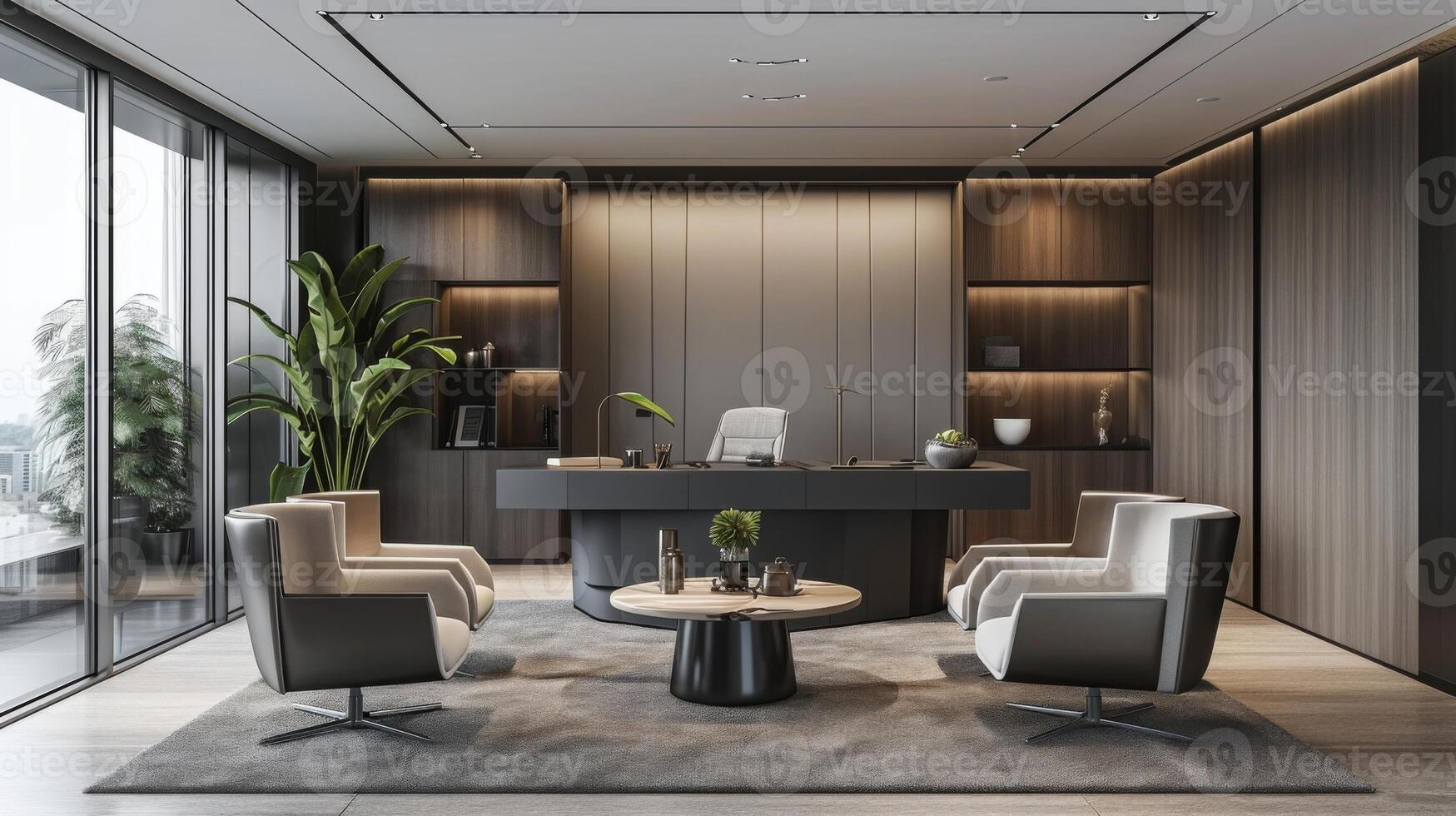 A minimalist office with soothing shades of grey and a designated relaxation area with a plush floor rug calming music and a selection of soothing teas photo
