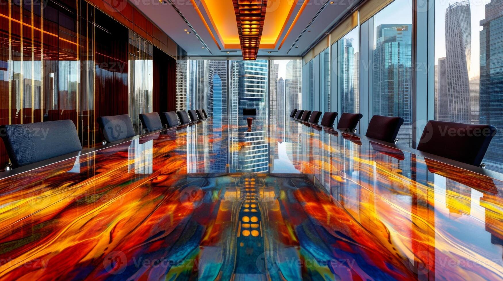 The conference room tables are adorned with rich abstract patterns a result of the mesmerizing reflections of the citys skyline photo