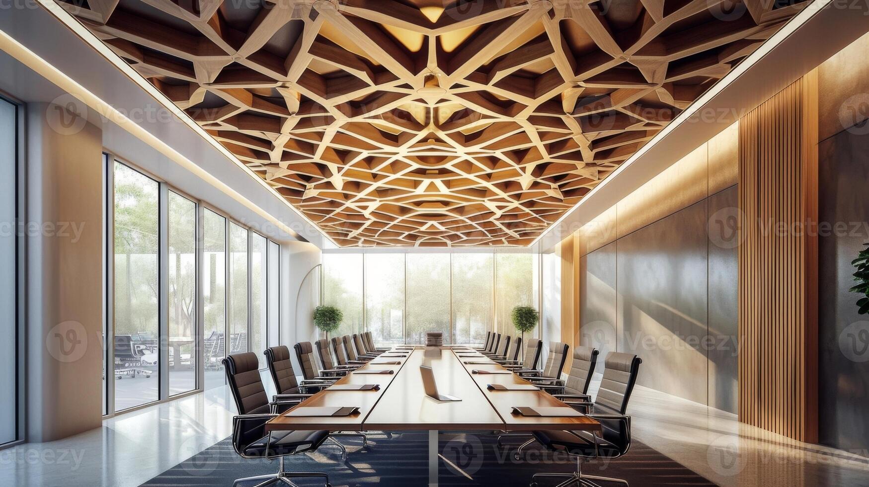 An intricate ceiling design in an office with overlapping wooden beams forming an eyecatching pattern above a large conference table photo