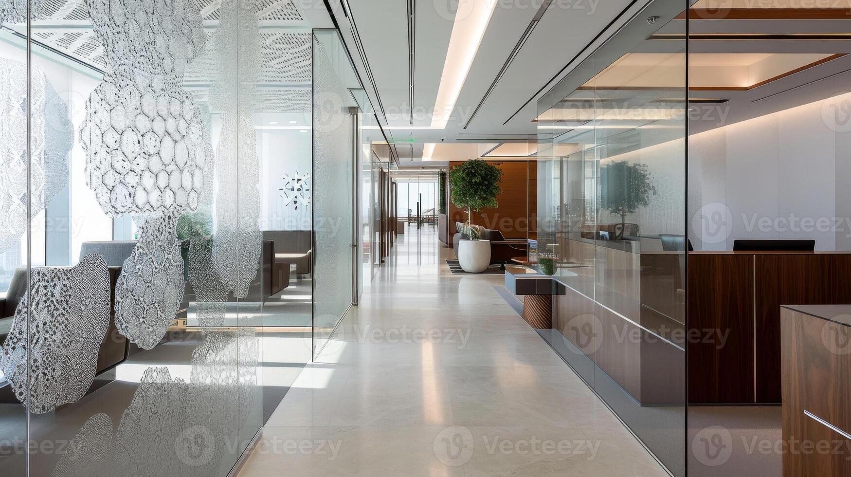 Etched into the gl walls are delicate patterns and symbols subtly guiding visitors to the reception area of the office photo