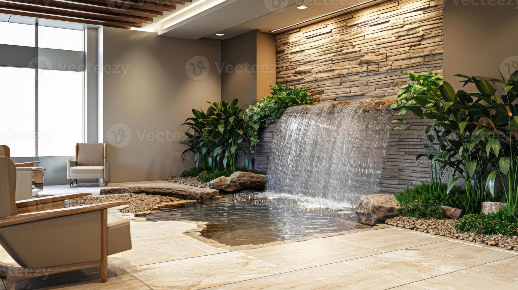 The lobby of this office features a soothing water feature creating a sense of serenity and promoting a connection to the natural world photo