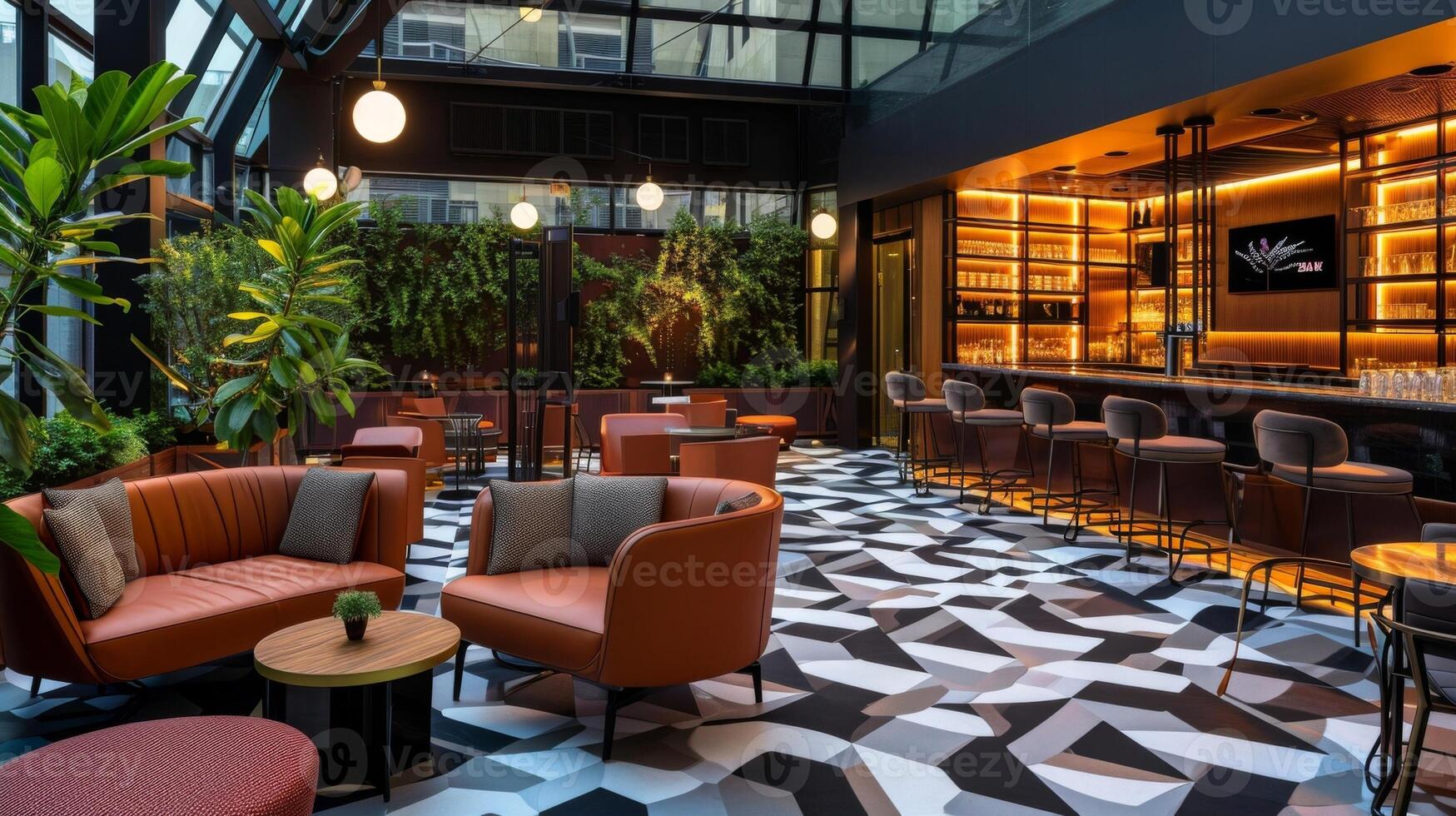 An iconic rooftop design featuring a geometric patterned floor sleek furniture and a fully stocked bar creating a trendy and sophisticated atmosphere for afterwork gathering photo