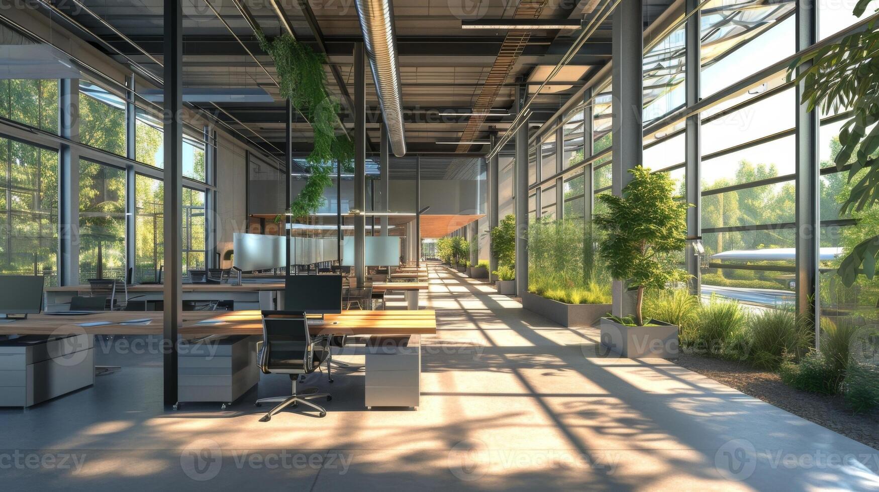 A hightech office with tingedge natural ventilation technology utilizing solarpowered air circulation and filtration systems to create a sustainable and healthy workspace photo