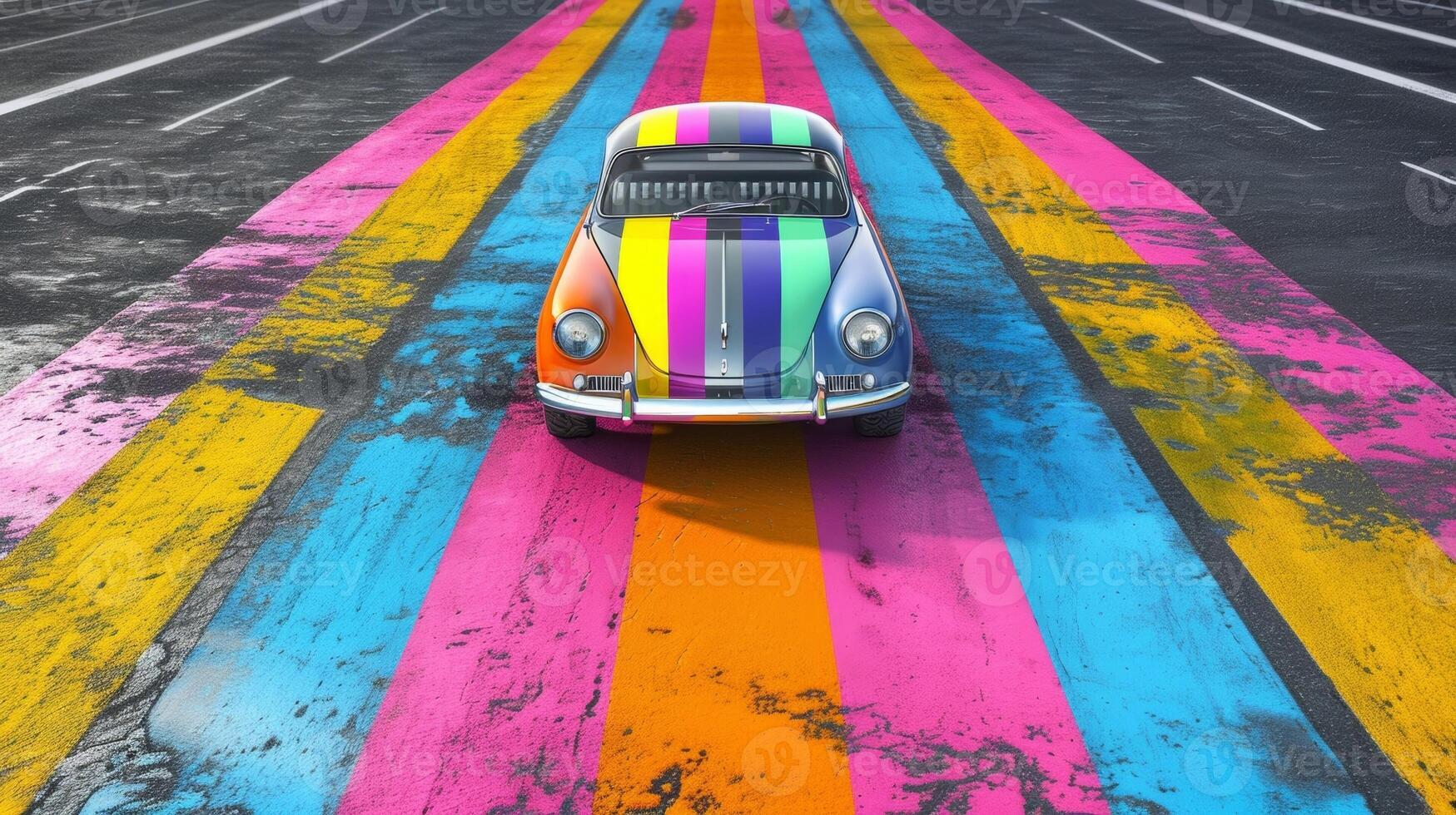 The famous racing stripes on a vintage race car painted in vibrant colors and standing out against the race tracks asphalt photo