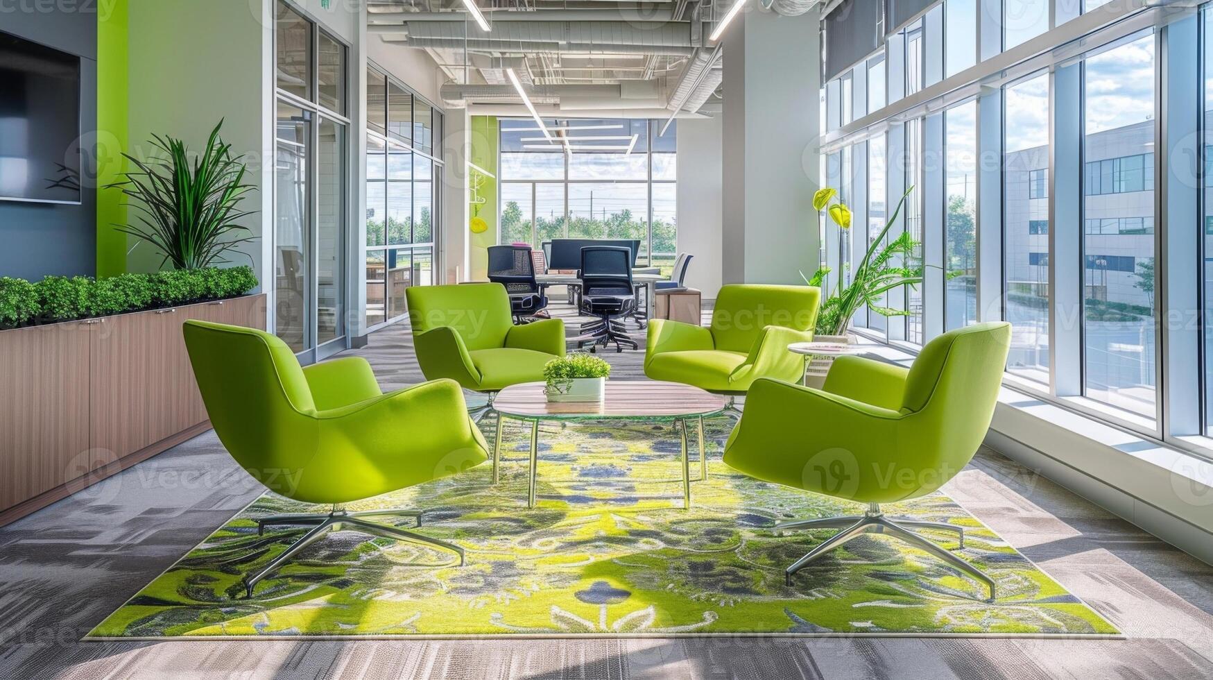 Bright green chairs and patterned rug add a lively touch to this office while large windows flood the space with natural light photo