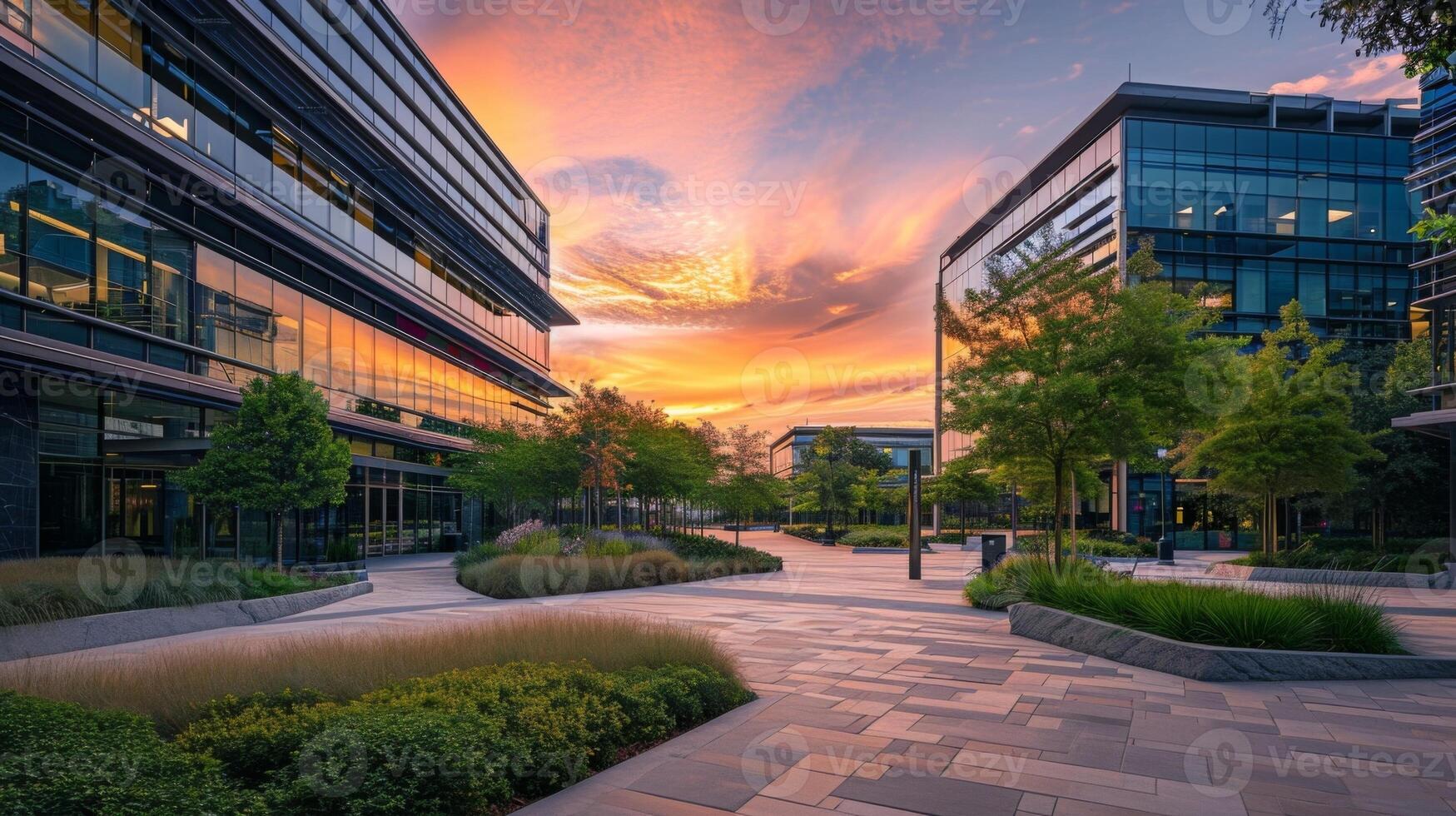 With the sky turning shades of pink and orange the office park is enveloped in a soft and dreamy light making it the perfect place for a leisurely stroll or a quiet momen photo