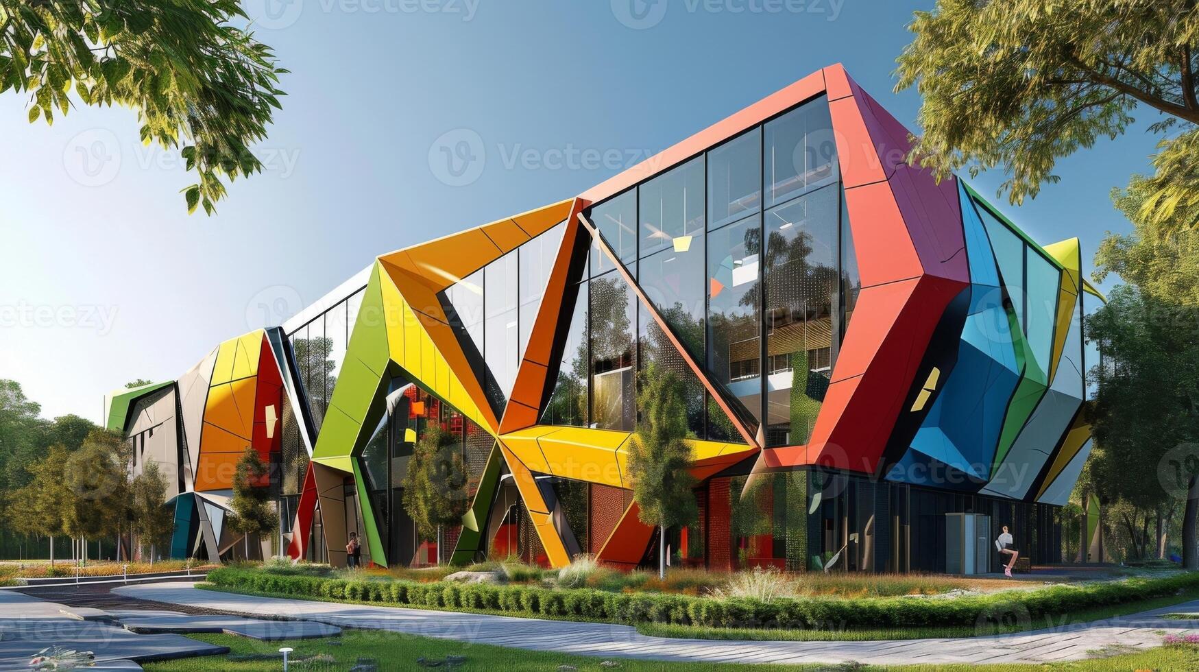 A modern twist on traditional office building design this structure features an eyecatching facade made of colorful geometrically shaped panels bringing a touch of playfulnes photo