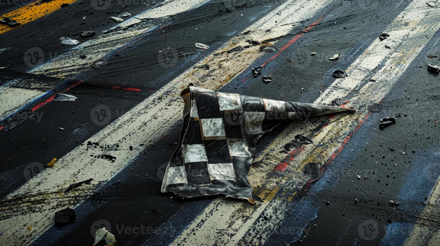 A closeup of the checkered flag lying on the track surrounded by tire marks and the remnants of an intense race a visual representation of the physical and mental enduranc photo