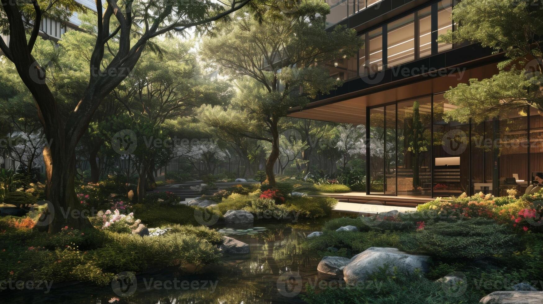 Escape the chaos of city life and enter this serene oasis of an office building nestled within a lush landscape of trees and flowers photo