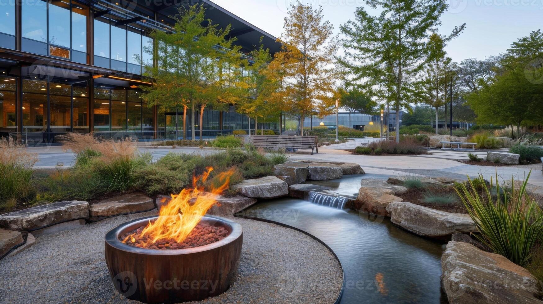 Cozy fire pits and communal gathering spaces set amid scenic water features create a tranquil atmosphere for employees to unwind and recharge during breaks photo