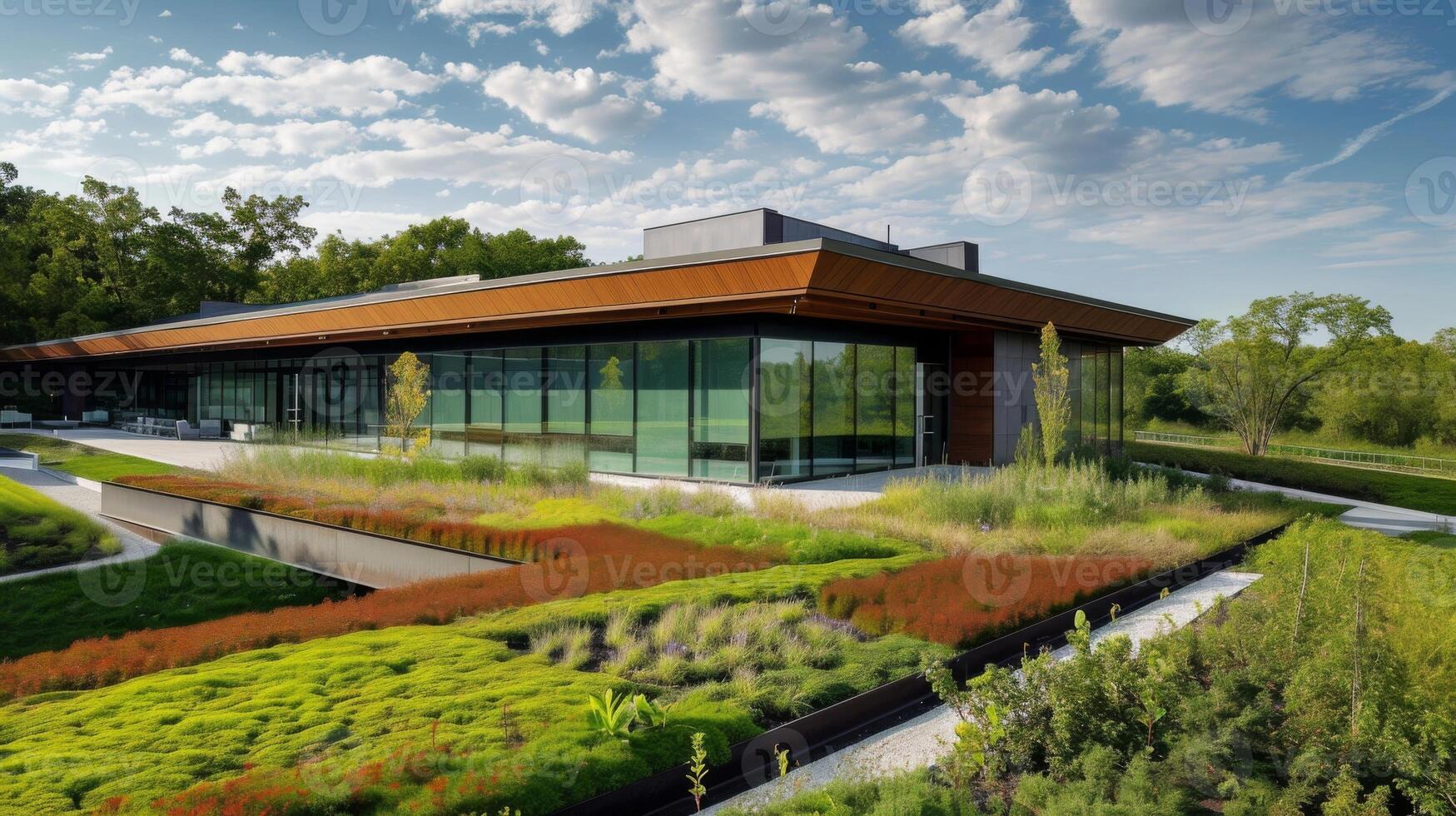 The exterior of this office features a green roof not only promoting energy efficiency but also providing a picturesque view for workers and visitors alike photo