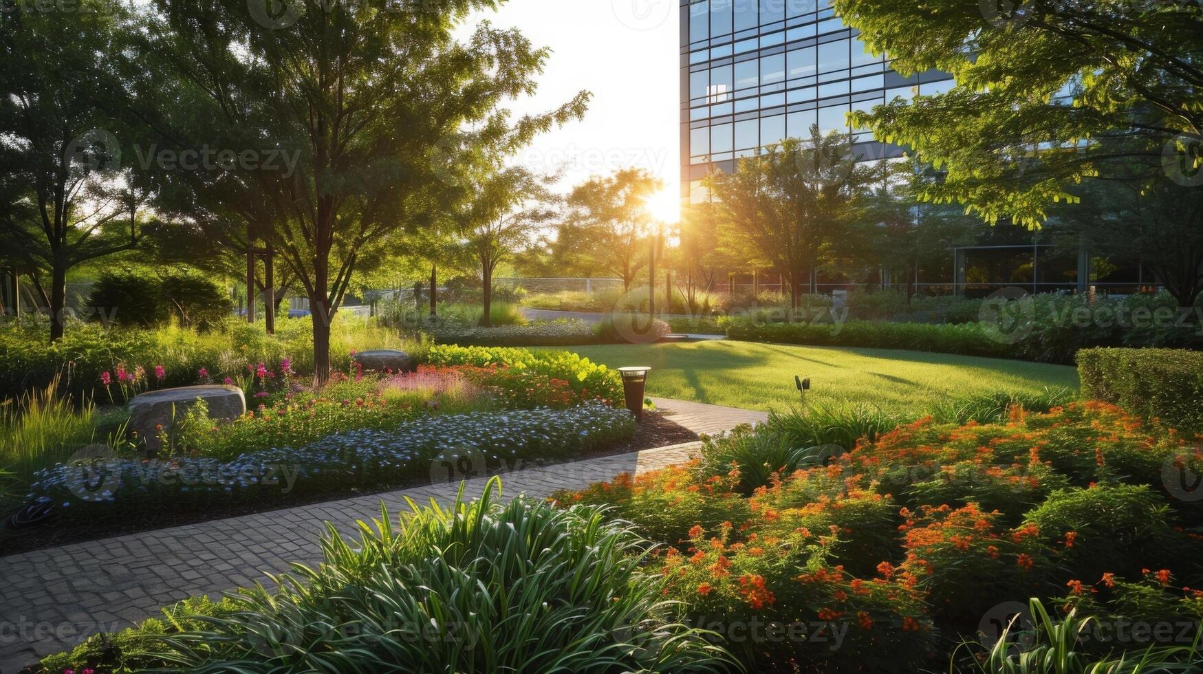 The setting sun casts shadows across the peaceful corporate gardens highlighting the pops of colorful flowers and plants that dot the landscape photo