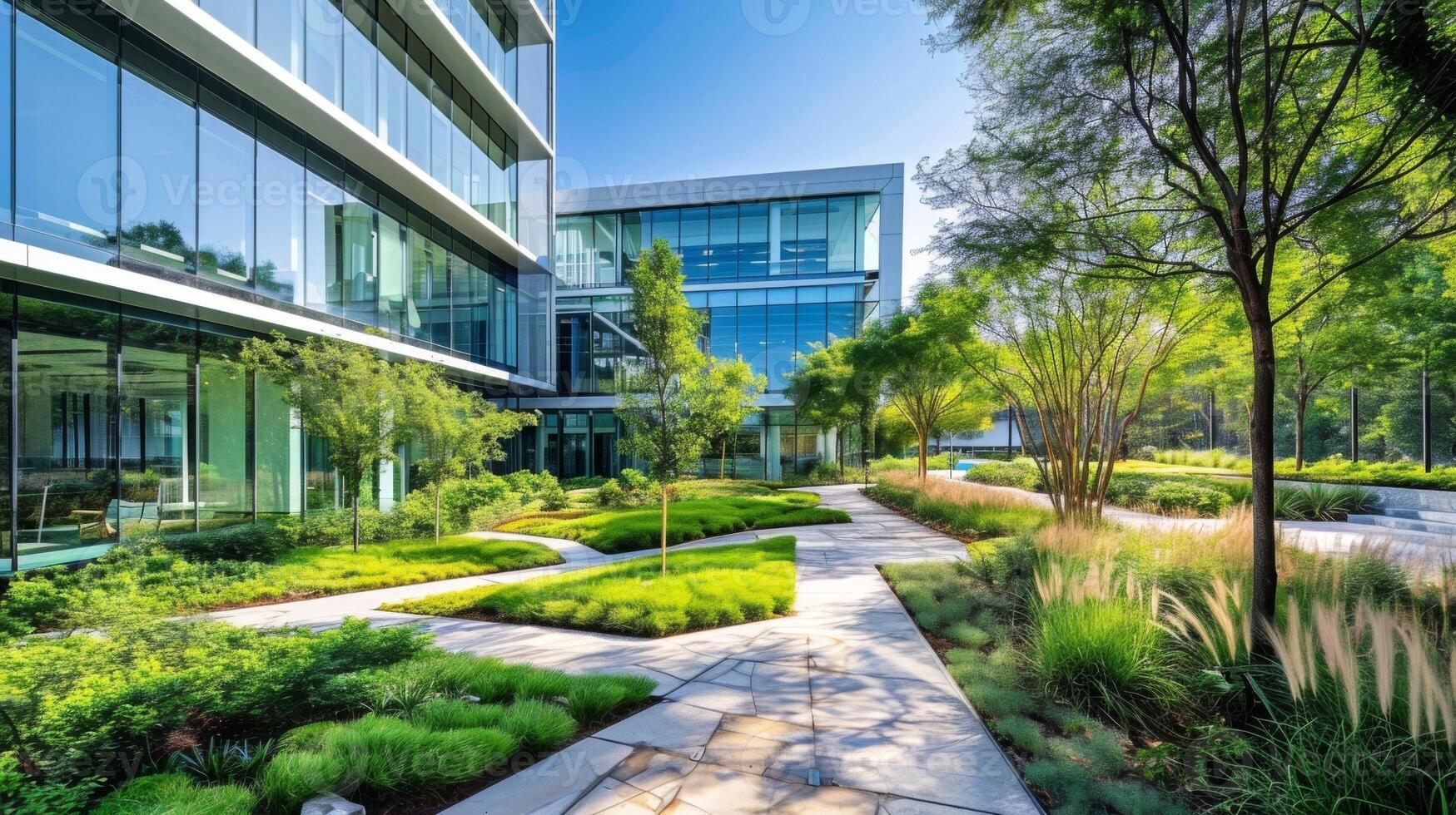 A sight for sore eyes this modern office building is adorned with vibrant greenery and calming outdoor spaces perfect for unwinding after a long day photo