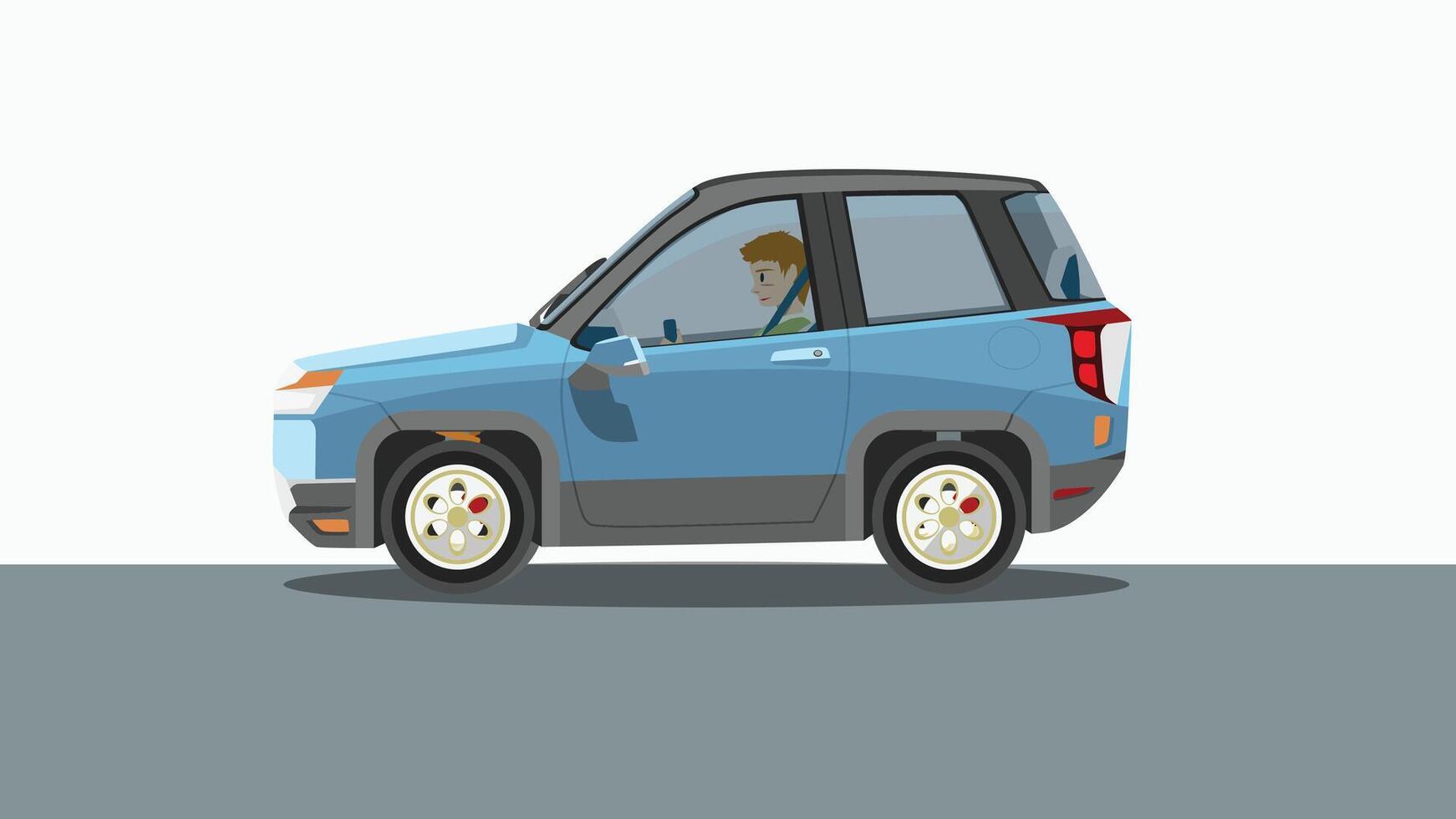 Concept illustration of detailed side of mini car blue color with driving man. Can see interior of car from transparent glass. on isolated white background. vector