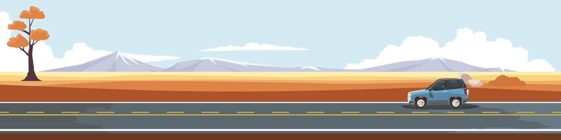 Car with driving man. solitary tree stands tall against a backdrop of vast evening grasslands. Asphalt road stretches into the distance, offering new horizons. A perfect fall day for a scenic drive. vector