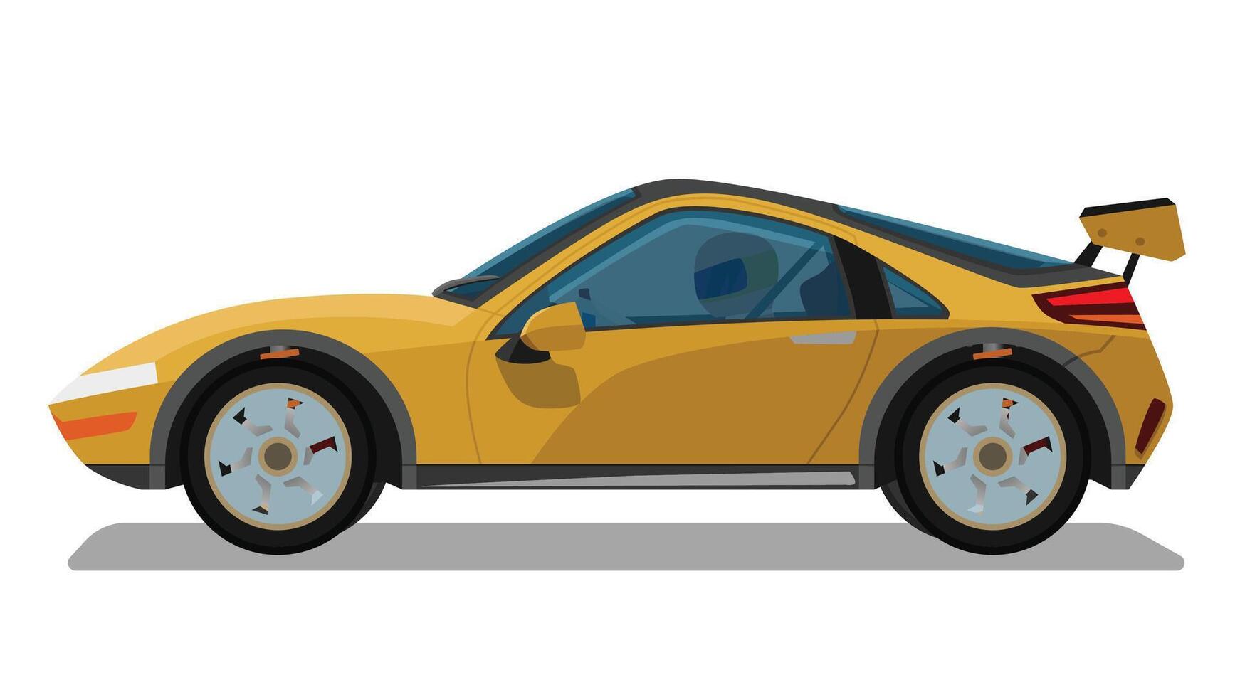 Concept illustration of detailed side of a flat yellow sports car with driving man inside car. with shadow of car on reflected from isolated white background. vector