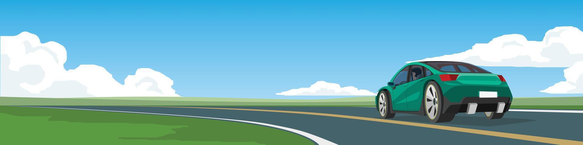 Cartoon or Illustration of a green car on the road. Luxury cars driving on curved asphalt roads with driving. Green open fields and under blue sky and white clouds. vector
