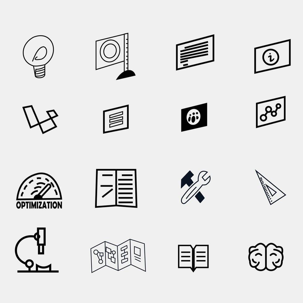 a collection of icons in the field of education and science consisting of several icons such as paper, books, documents with icons, paragraphs in them, brains, microscopes, rulers, and others. vector