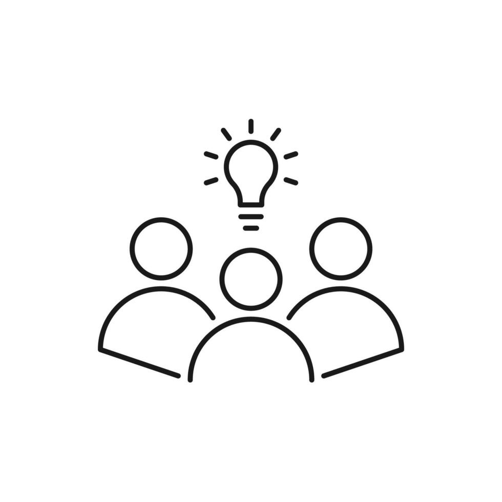 thin line insight icon with group of people and black bulb. outline flat trend modern logo graphic stroke art design isolated on white. concept of scholars or scientists and students or genius vector