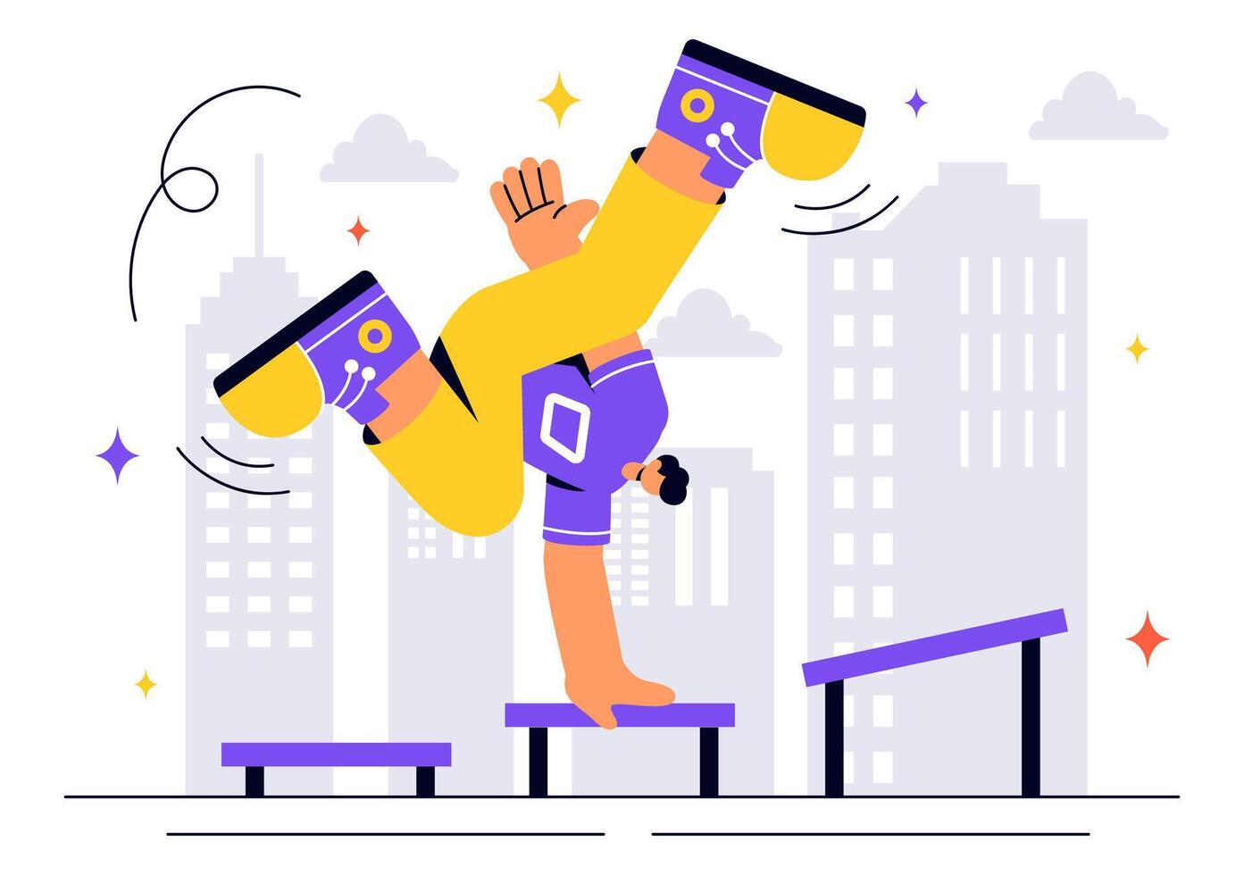 Flat Style Parkour Illustration of Athletes Scaling Walls and Barriers in an Urban Cityscape vector