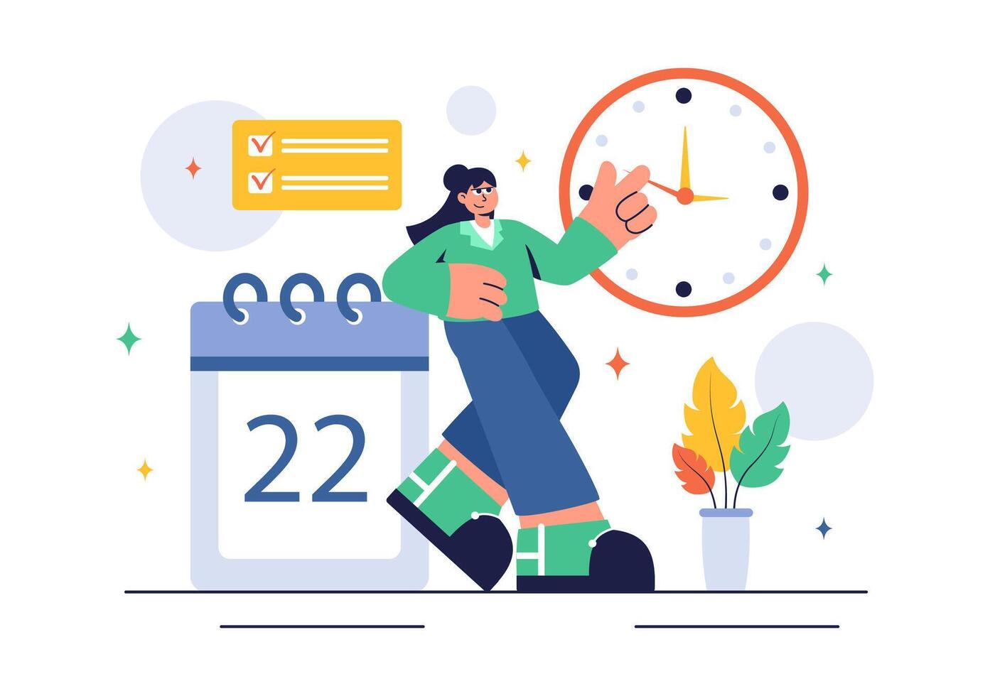 Flat Cartoon Style Time Management with Clock Settings and Task Scheduling vector