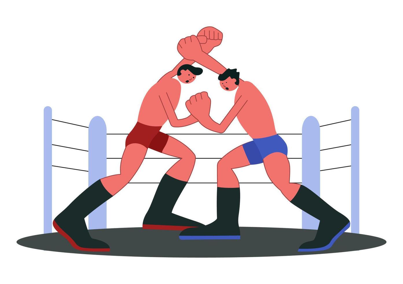 Wrestling Art of Two Fighters Boxing in a Championship Match with Flat Style Arena Background vector