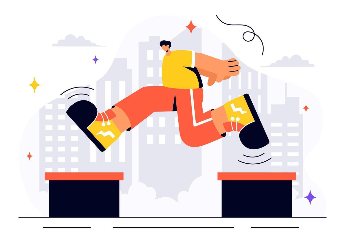 Urban Parkour Sports Illustration with Young Men Performing Stunts Over City Structures in Flat Style vector