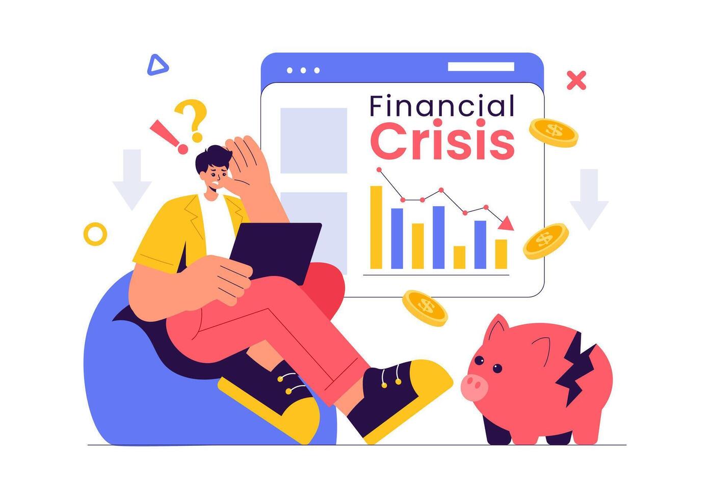 Financial Instability Illustration Showing Bankruptcy, Cost Cuts, and Downward Arrow in a Flat Style vector