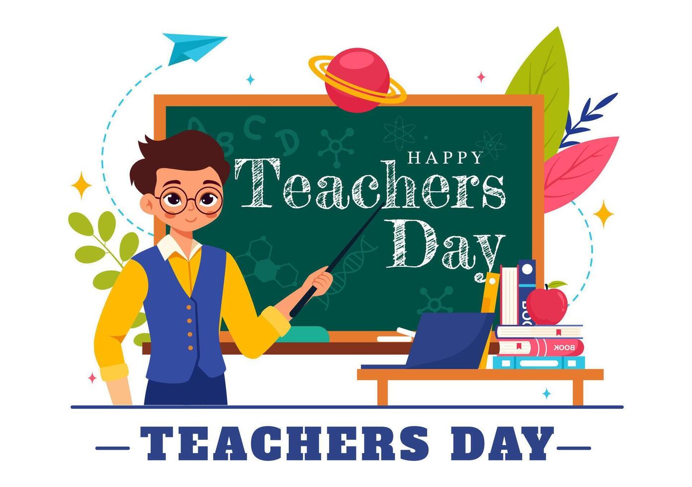 Teacher's Day Artwork Featuring Blackboard, Books, and Classroom Accessories in a Flat Design vector