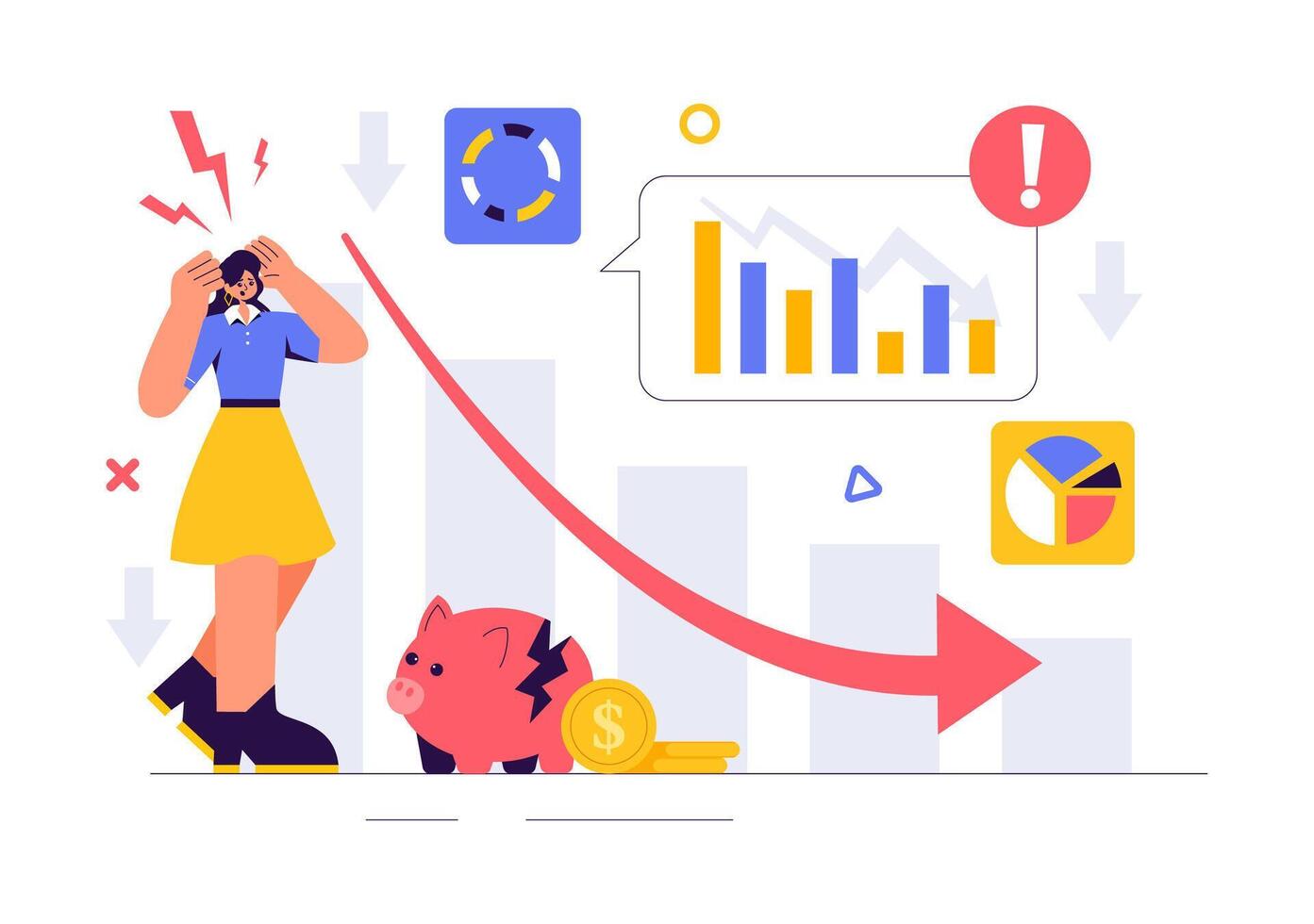 Bankruptcy and Economic Crisis Illustration with a Down Arrow in a Flat Cartoon Background vector