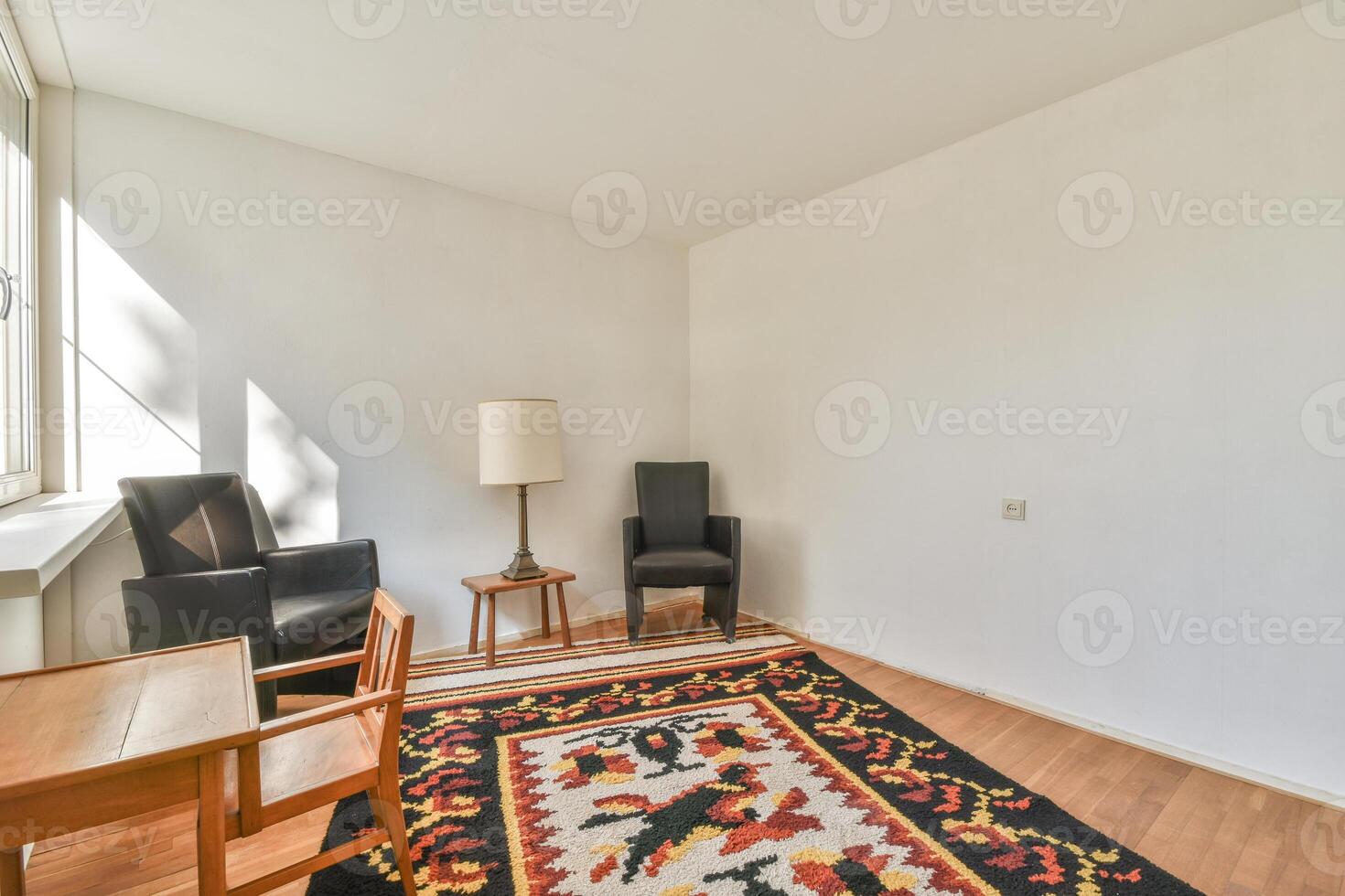 A room with a rug and chairs in it photo