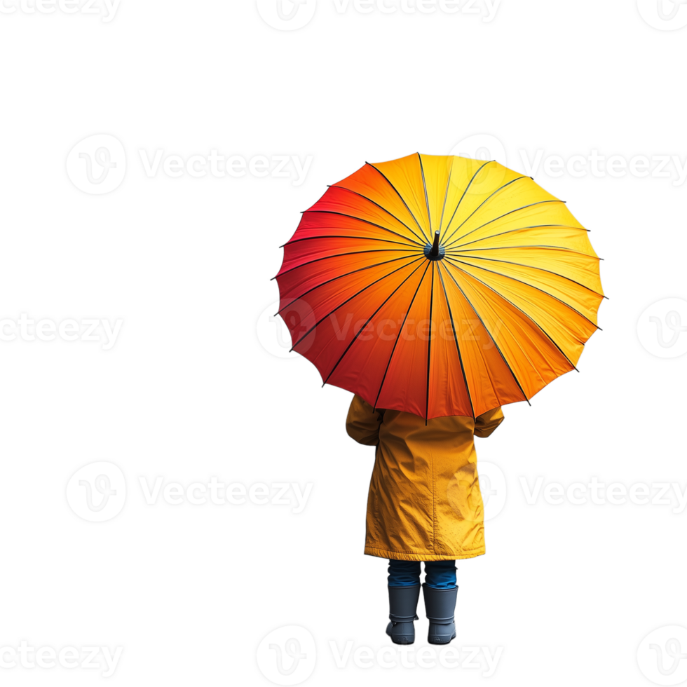 Child holding a vibrant orange and yellow umbrella, facing away, wearing a yellow coat on transparent background png