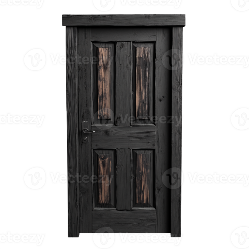 Rustic black wooden door with vintage design, isolated on transparent background png