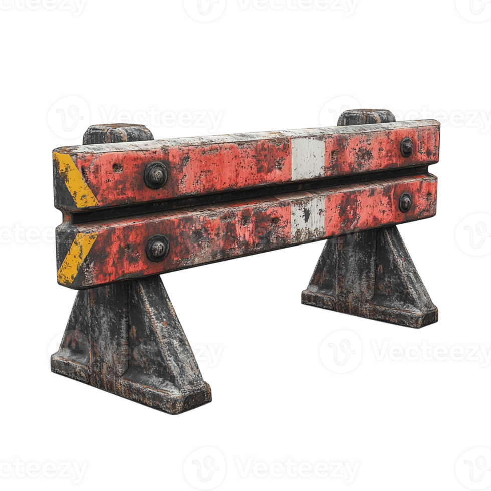 Aged metal barricade with yellow and red stripes, isolated on a transparent background png