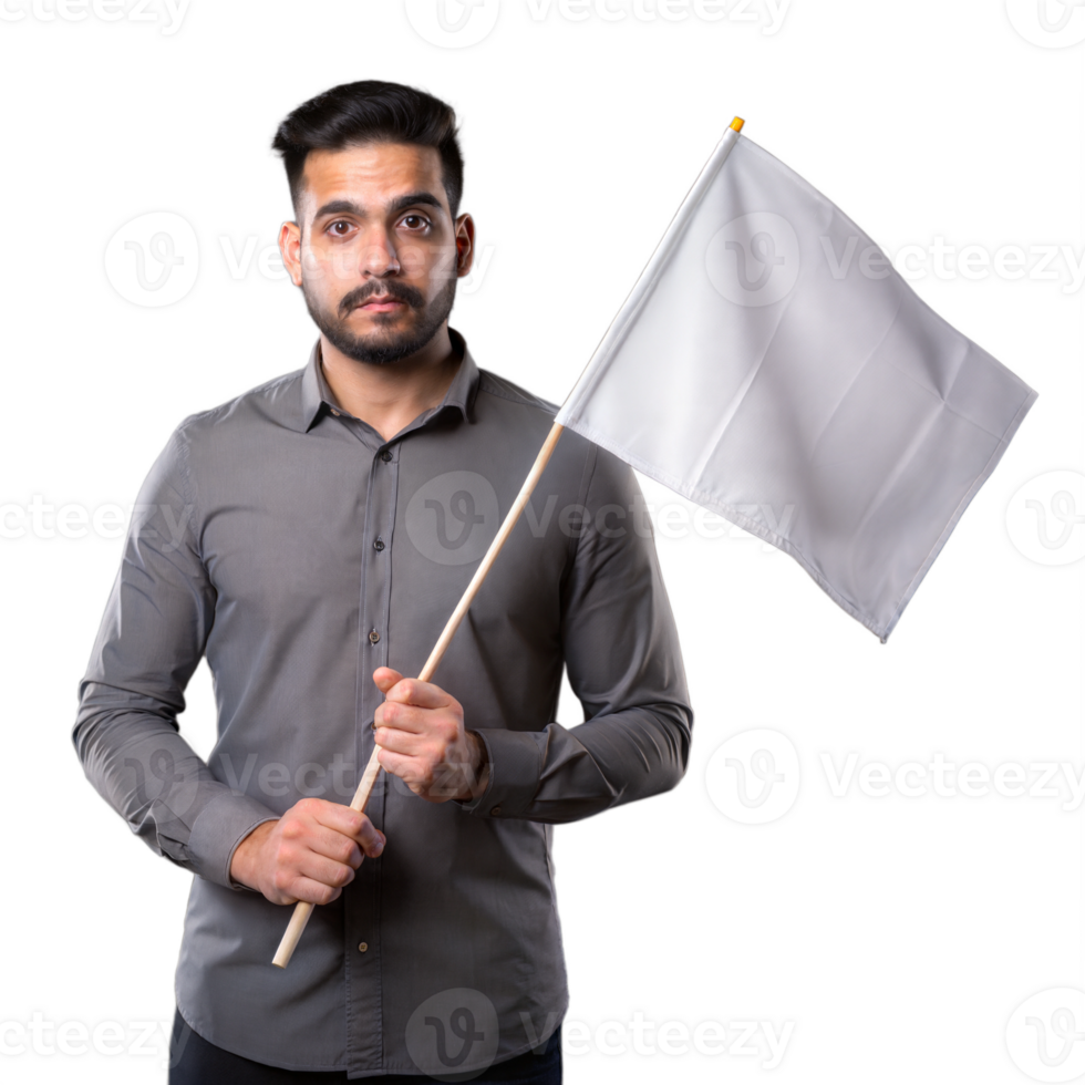 Confident man holding white flag on transparent background, posing with a neutral expression, conceptual image png