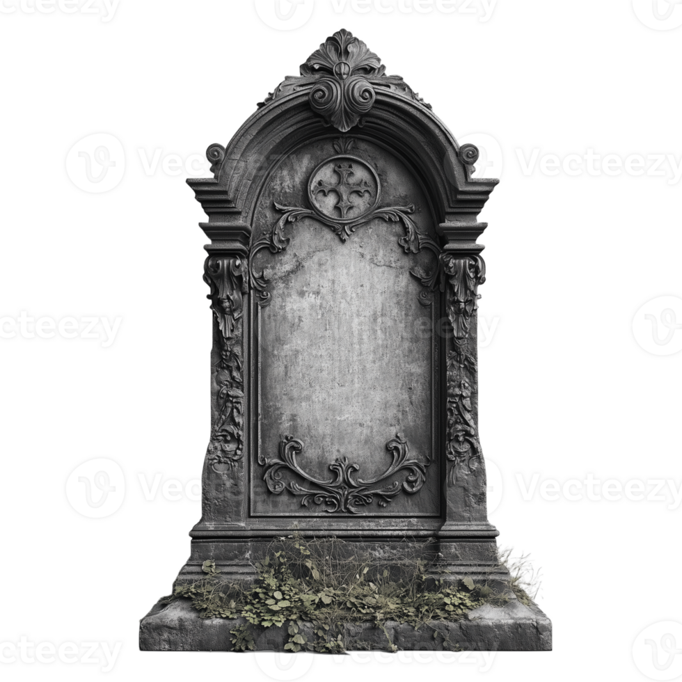 Gothic Style Stone Tombstone with Elaborate Details and Weathered Finish, Transparent Background png