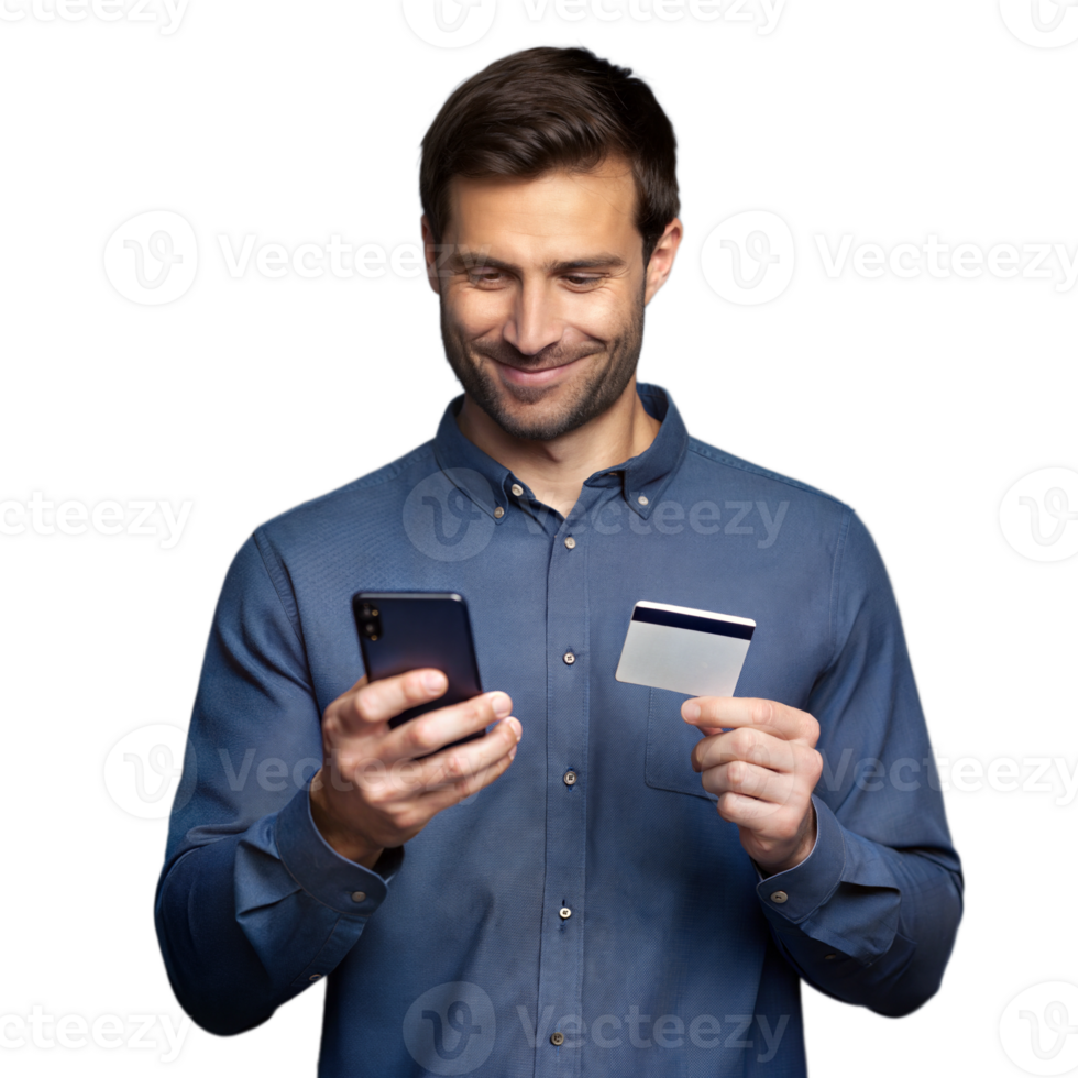 Man holding smartphone and credit card, shopping online with confident smile on transparent background png