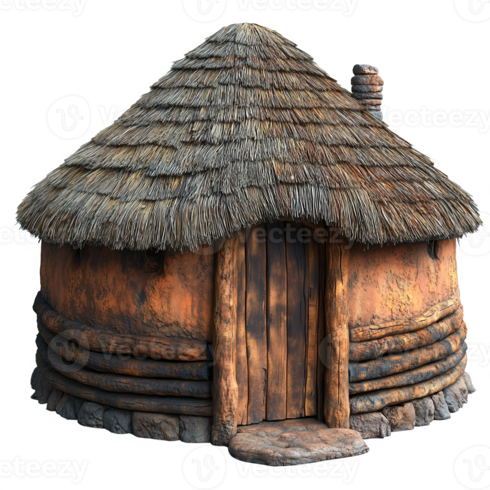 Round Wooden Hut with a Thatch Roof and Stone Base, Transparent Background png