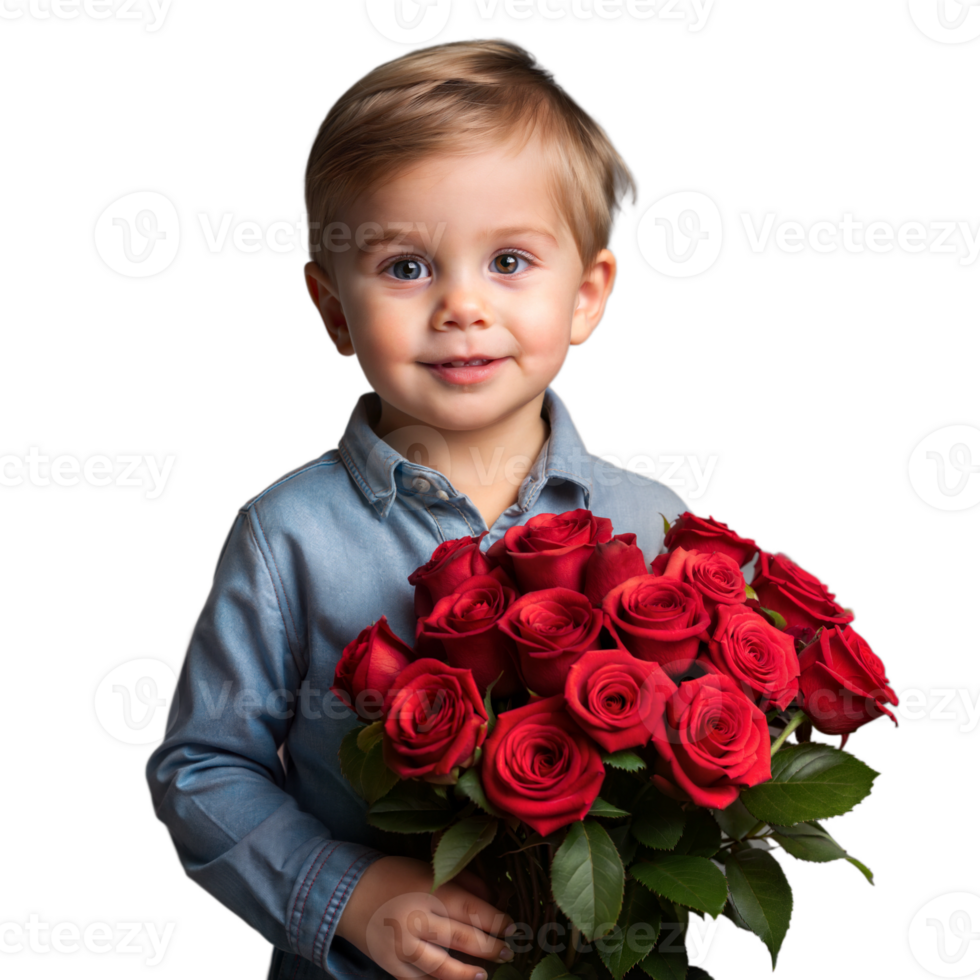 Adorable young boy holding bouquet of red roses on transparent background, smiling at camera png