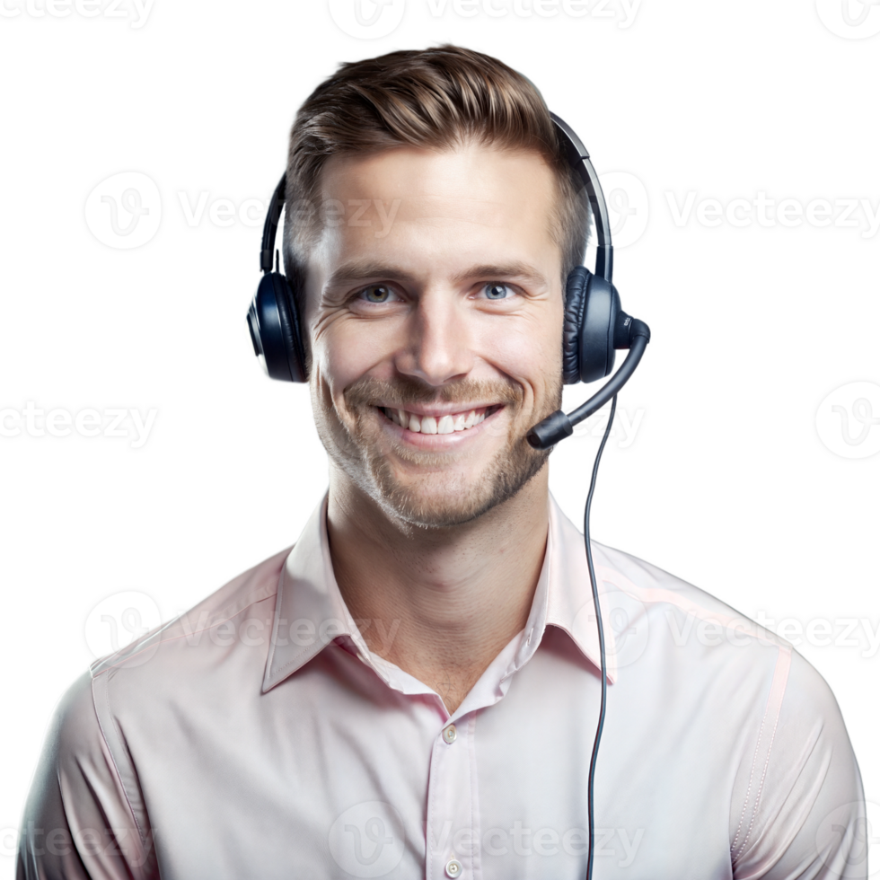 Friendly customer service representative wearing headset, smiling while posing on transparent background png